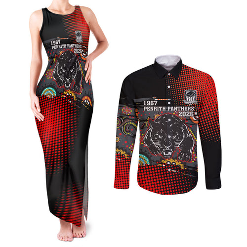 Personalised Panthers 60th Anniversary Couples Matching Tank Maxi Dress and Long Sleeve Button Shirt Aboriginal Indigenous Dot Art - Halftone Pattern 1967-2026