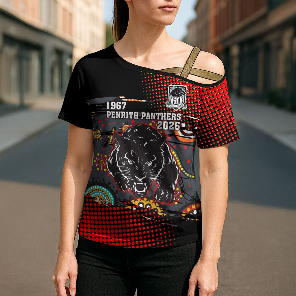 Personalised Panthers 60th Anniversary Cross Shoulder Shirt Aboriginal Indigenous Dot Art - Halftone Pattern 1967-2026