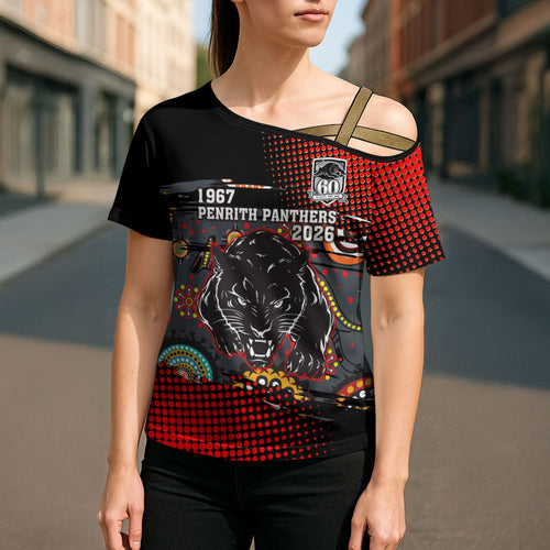 Personalised Panthers 60th Anniversary Cross Shoulder Shirt Aboriginal Indigenous Dot Art - Halftone Pattern 1967-2026