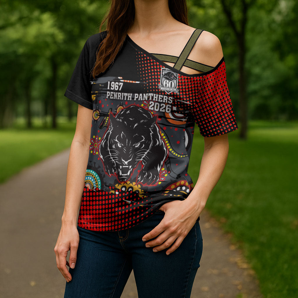 Personalised Panthers 60th Anniversary Cross Shoulder Shirt Aboriginal Indigenous Dot Art - Halftone Pattern 1967-2026