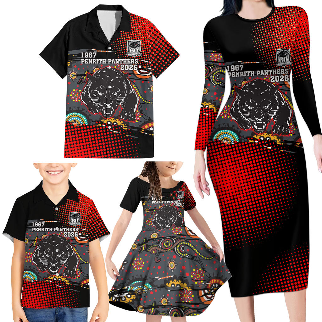 Personalised Panthers 60th Anniversary Family Matching Long Sleeve Bodycon Dress and Hawaiian Shirt Aboriginal Indigenous Dot Art - Halftone Pattern 1967-2026