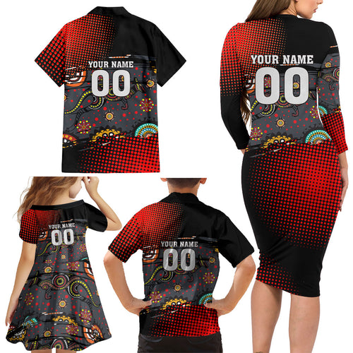 Personalised Panthers 60th Anniversary Family Matching Long Sleeve Bodycon Dress and Hawaiian Shirt Aboriginal Indigenous Dot Art - Halftone Pattern 1967-2026