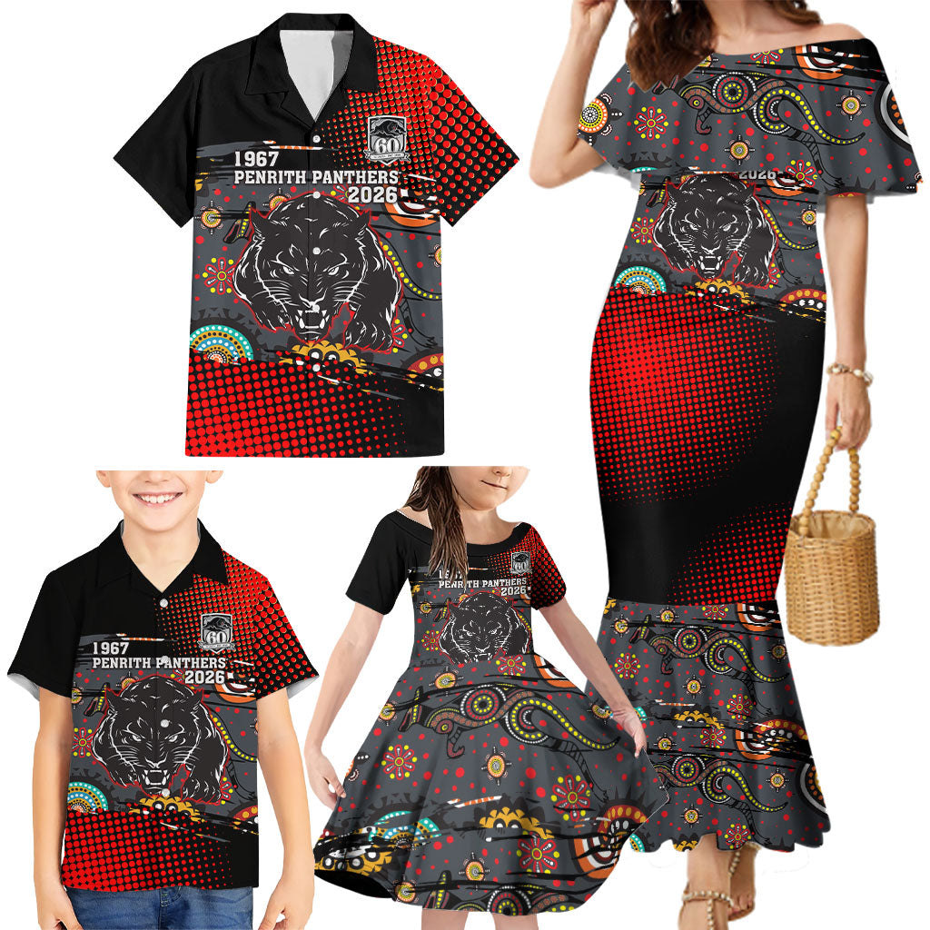 Personalised Panthers 60th Anniversary Family Matching Mermaid Dress and Hawaiian Shirt Aboriginal Indigenous Dot Art - Halftone Pattern 1967-2026