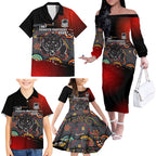 Personalised Panthers 60th Anniversary Family Matching Off The Shoulder Long Sleeve Dress and Hawaiian Shirt Aboriginal Indigenous Dot Art - Halftone Pattern 1967-2026
