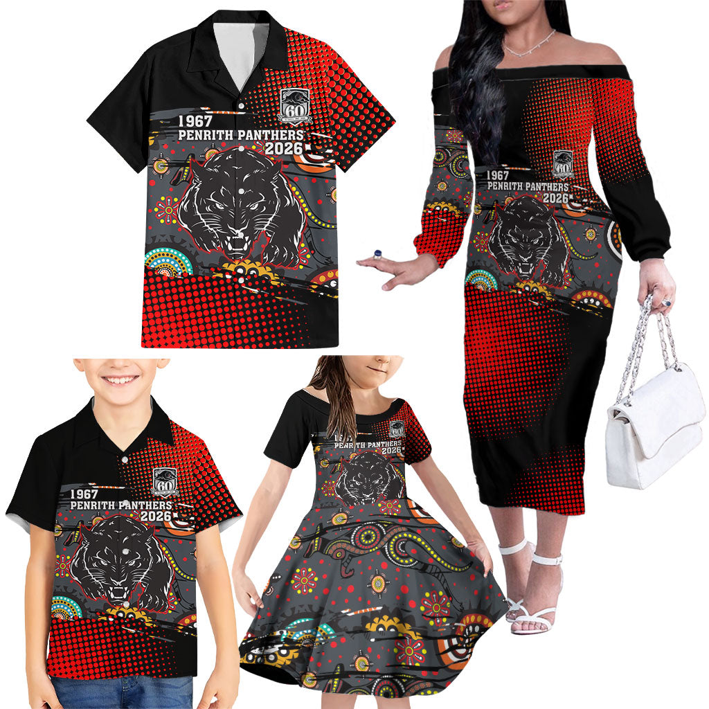 Personalised Panthers 60th Anniversary Family Matching Off The Shoulder Long Sleeve Dress and Hawaiian Shirt Aboriginal Indigenous Dot Art - Halftone Pattern 1967-2026