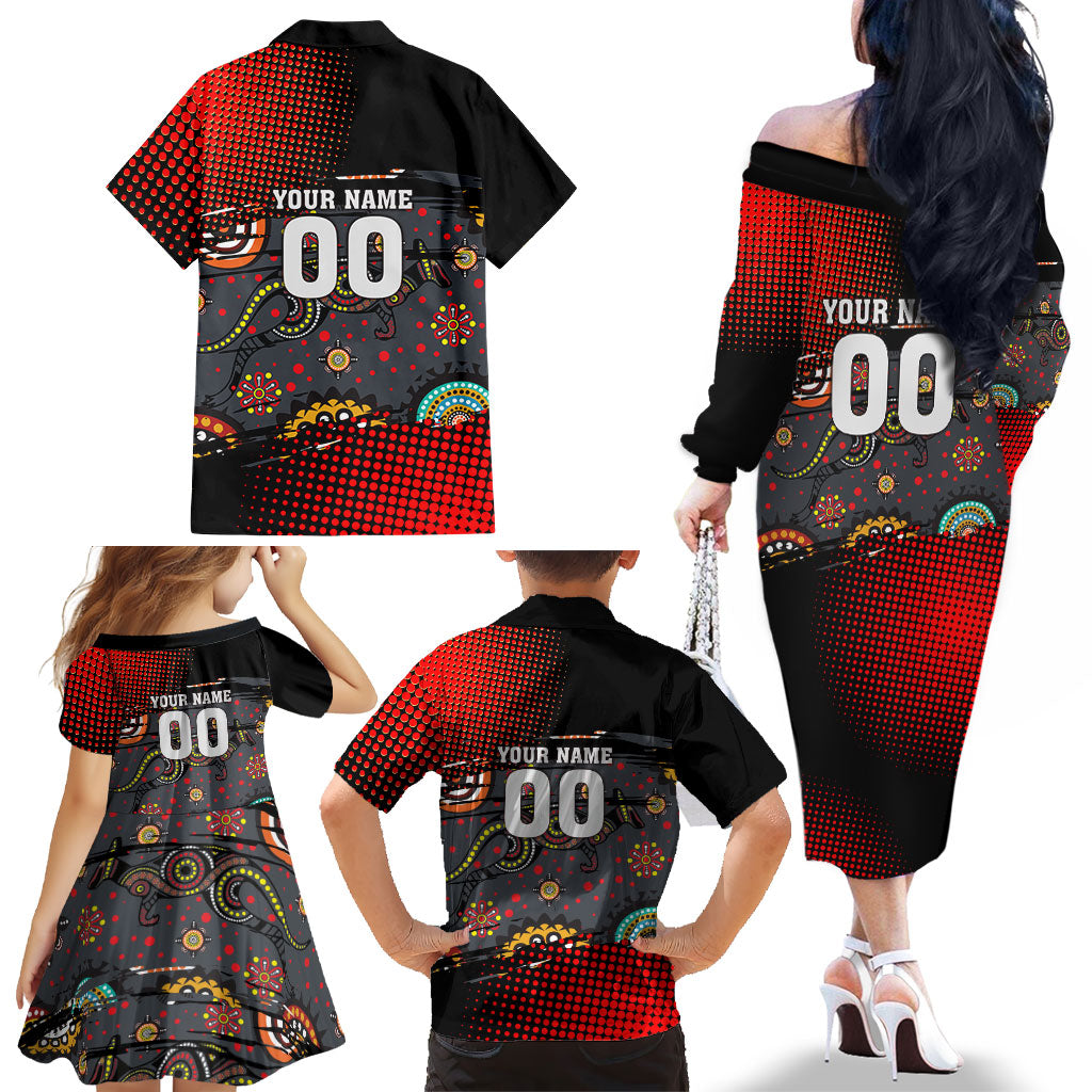 Personalised Panthers 60th Anniversary Family Matching Off The Shoulder Long Sleeve Dress and Hawaiian Shirt Aboriginal Indigenous Dot Art - Halftone Pattern 1967-2026