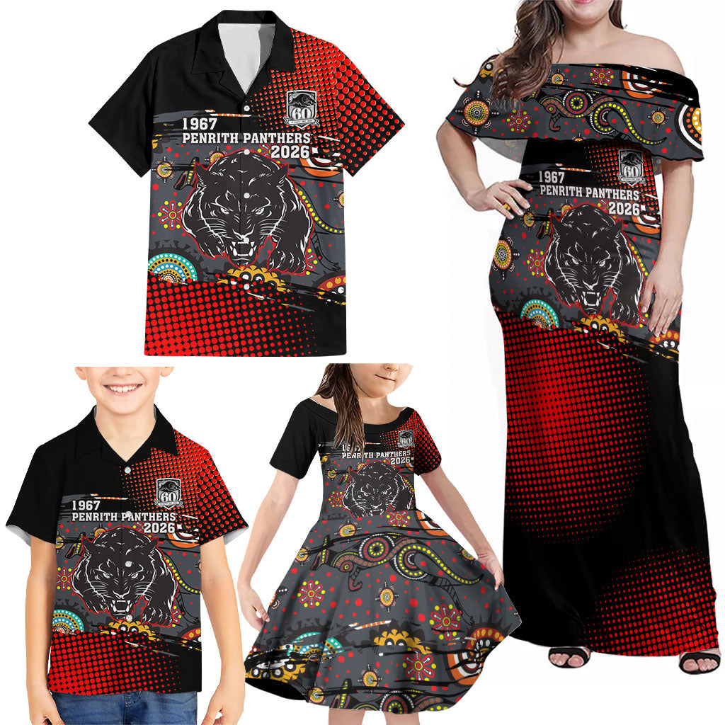 Personalised Panthers 60th Anniversary Family Matching Off Shoulder Maxi Dress and Hawaiian Shirt Aboriginal Indigenous Dot Art - Halftone Pattern 1967-2026