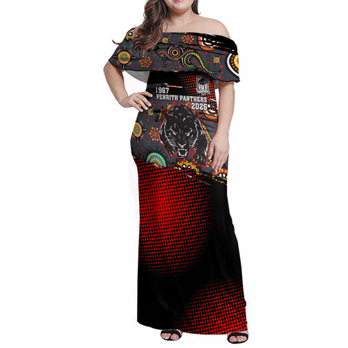 Personalised Panthers 60th Anniversary Family Matching Off Shoulder Maxi Dress and Hawaiian Shirt Aboriginal Indigenous Dot Art - Halftone Pattern 1967-2026