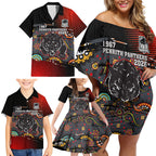 Personalised Panthers 60th Anniversary Family Matching Off Shoulder Short Dress and Hawaiian Shirt Aboriginal Indigenous Dot Art - Halftone Pattern 1967-2026