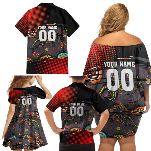 Personalised Panthers 60th Anniversary Family Matching Off Shoulder Short Dress and Hawaiian Shirt Aboriginal Indigenous Dot Art - Halftone Pattern 1967-2026