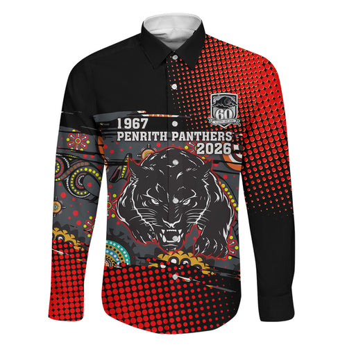 Personalised Panthers 60th Anniversary Family Matching Off Shoulder Short Dress and Hawaiian Shirt Aboriginal Indigenous Dot Art - Halftone Pattern 1967-2026