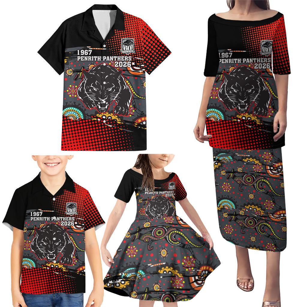 Personalised Panthers 60th Anniversary Family Matching Puletasi and Hawaiian Shirt Aboriginal Indigenous Dot Art - Halftone Pattern 1967-2026