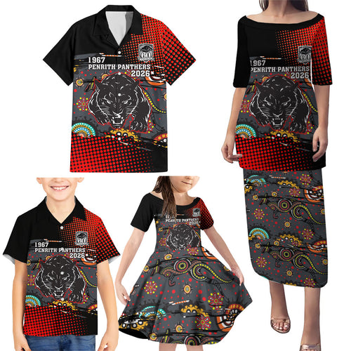 Personalised Panthers 60th Anniversary Family Matching Puletasi and Hawaiian Shirt Aboriginal Indigenous Dot Art - Halftone Pattern 1967-2026