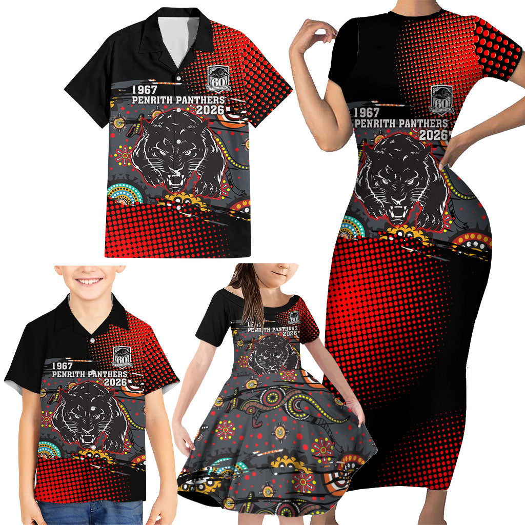 Personalised Panthers 60th Anniversary Family Matching Short Sleeve Bodycon Dress and Hawaiian Shirt Aboriginal Indigenous Dot Art - Halftone Pattern 1967-2026
