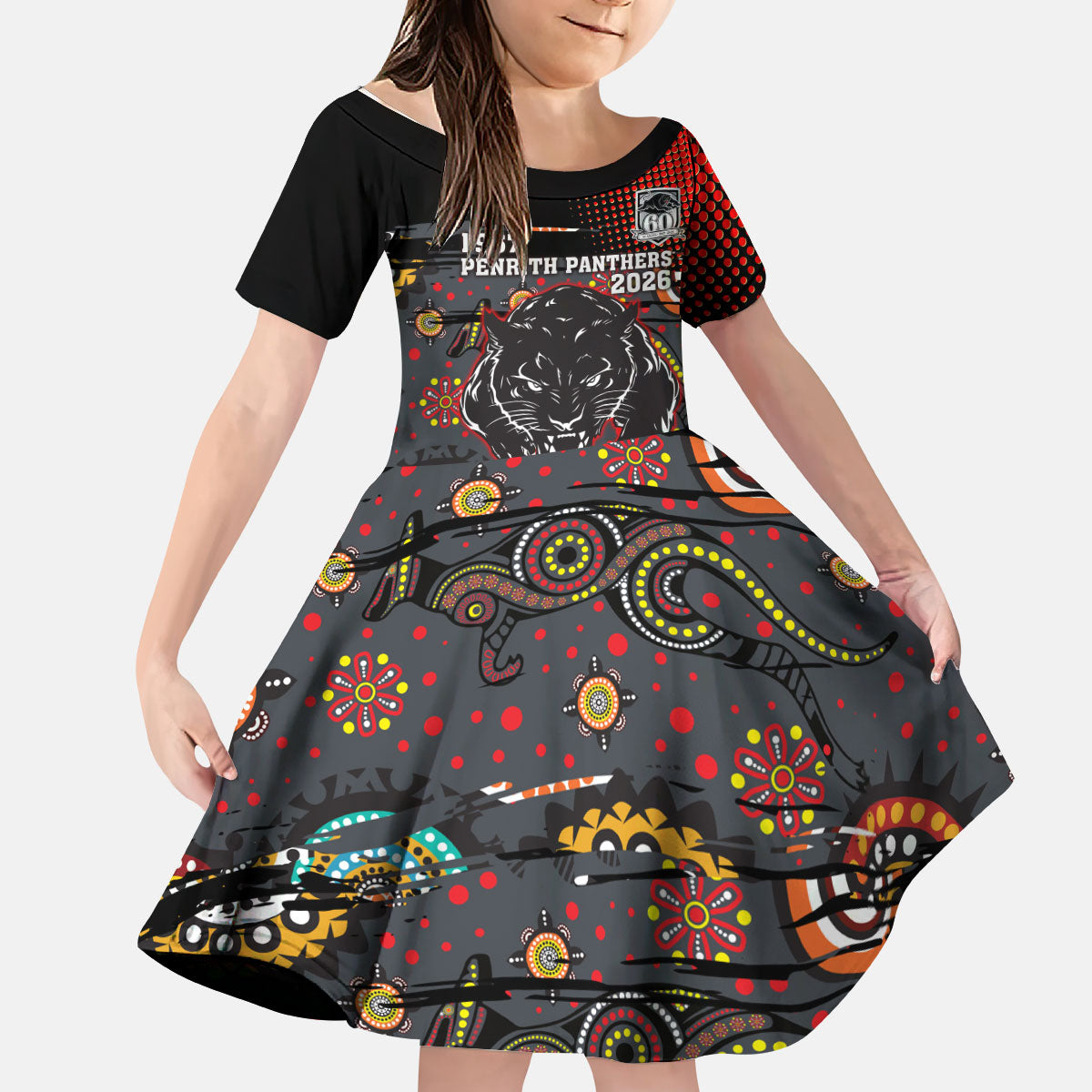Personalised Panthers 60th Anniversary Kid Short Sleeve Dress Aboriginal Indigenous Dot Art - Halftone Pattern 1967-2026