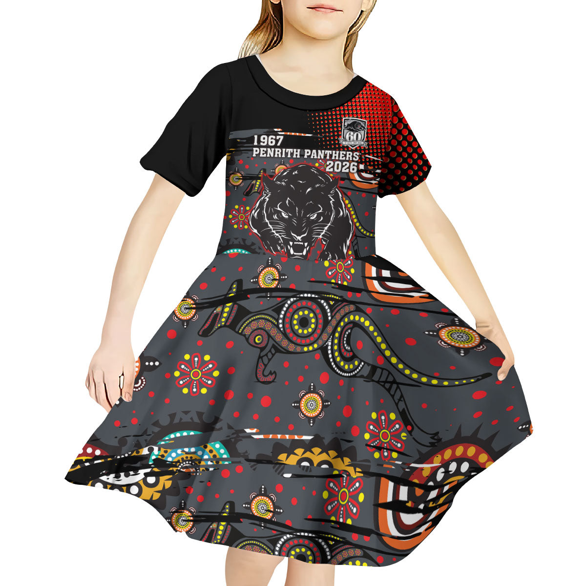 Personalised Panthers 60th Anniversary Kid Short Sleeve Dress Aboriginal Indigenous Dot Art - Halftone Pattern 1967-2026