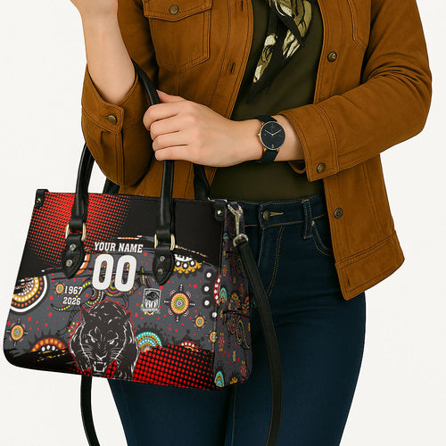 Personalised Panthers 60th Anniversary Leather Bag Aboriginal Indigenous Dot Art - Halftone Pattern 1967-2026