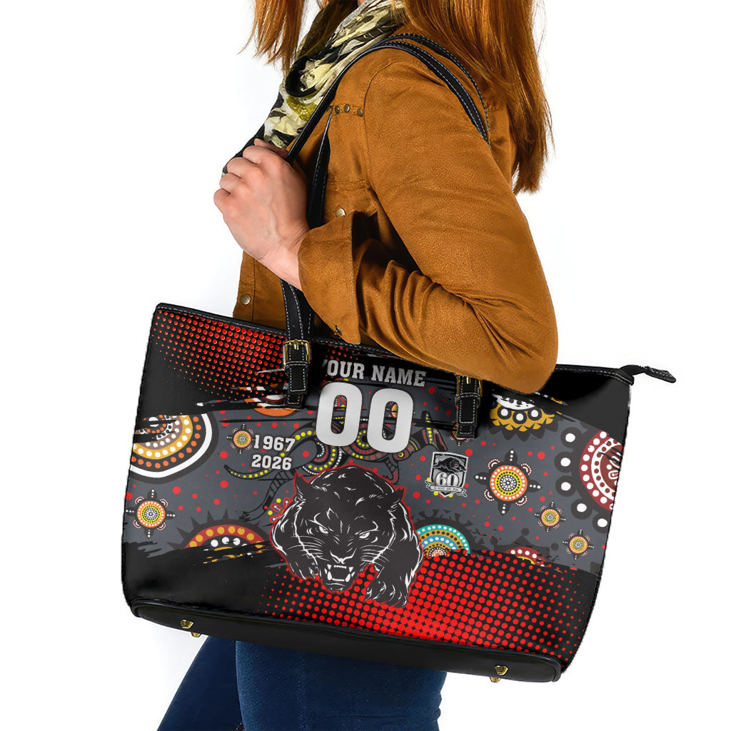 Personalised Panthers 60th Anniversary Leather Tote Bag Aboriginal Indigenous Dot Art - Halftone Pattern 1967-2026