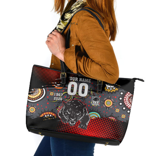 Personalised Panthers 60th Anniversary Leather Tote Bag Aboriginal Indigenous Dot Art - Halftone Pattern 1967-2026