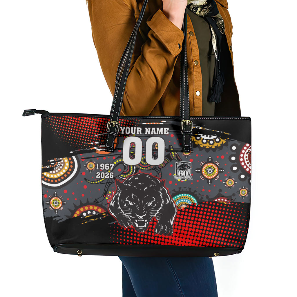 Personalised Panthers 60th Anniversary Leather Tote Bag Aboriginal Indigenous Dot Art - Halftone Pattern 1967-2026