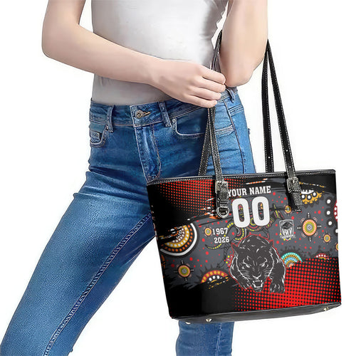 Personalised Panthers 60th Anniversary Leather Tote Bag Aboriginal Indigenous Dot Art - Halftone Pattern 1967-2026