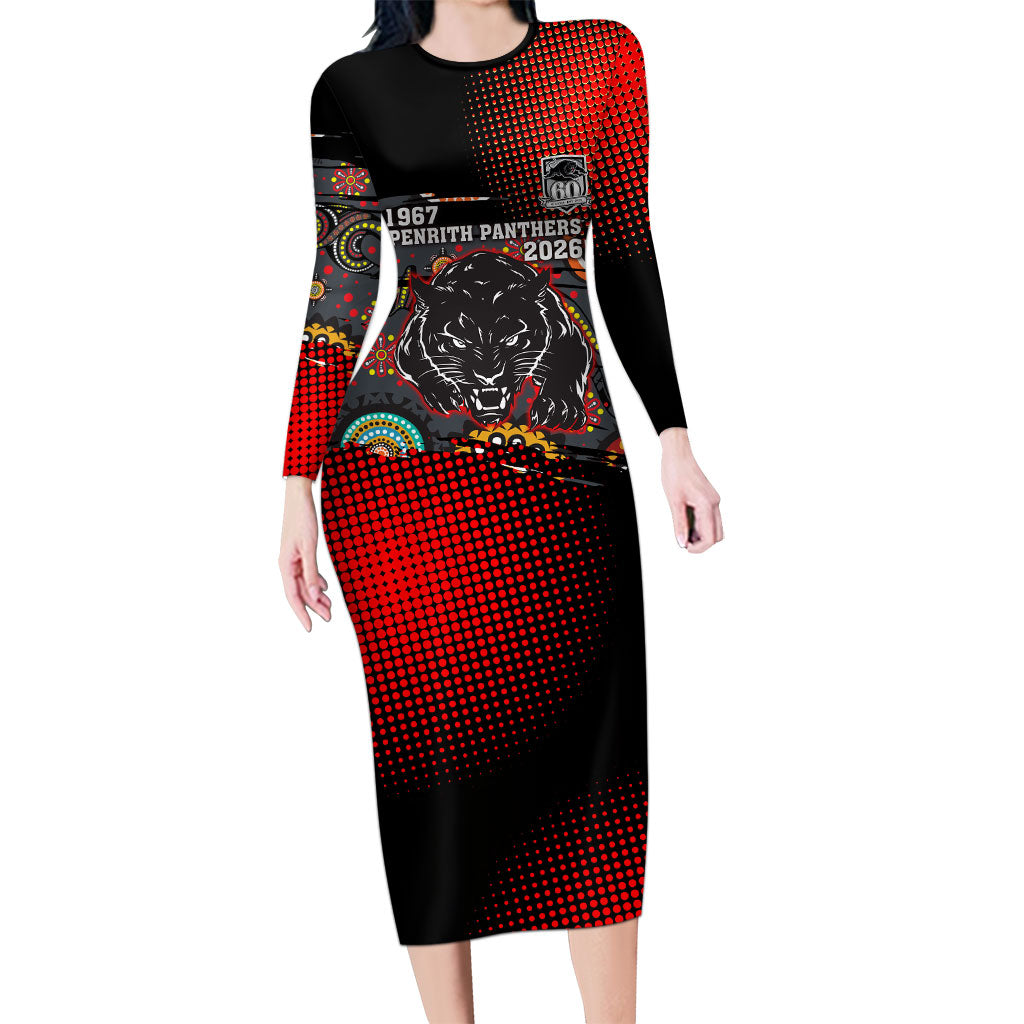Personalised Panthers 60th Anniversary Long Sleeve Bodycon Dress Aboriginal Indigenous Dot Art - Halftone Pattern 1967-2026