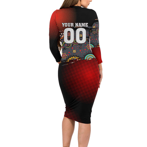 Personalised Panthers 60th Anniversary Long Sleeve Bodycon Dress Aboriginal Indigenous Dot Art - Halftone Pattern 1967-2026