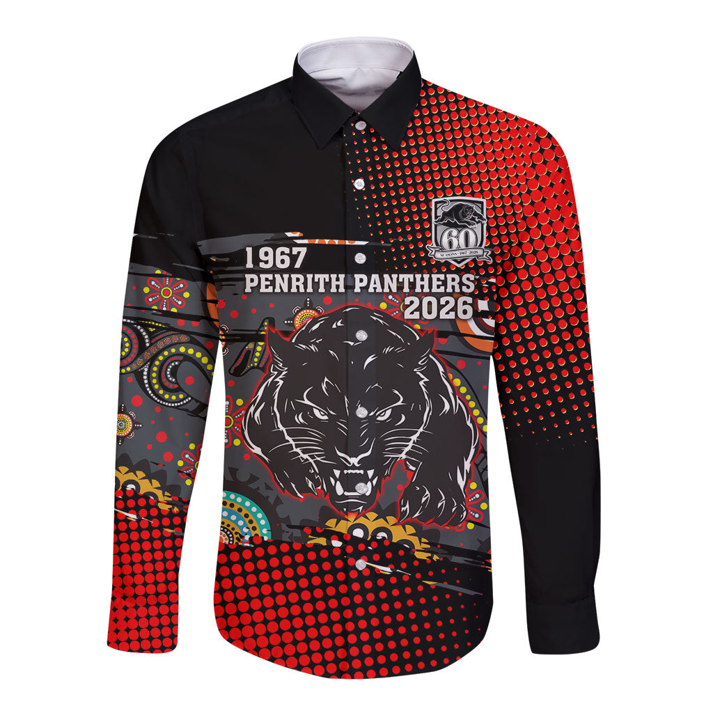 Personalised Panthers 60th Anniversary Long Sleeve Button Shirt Aboriginal Indigenous Dot Art - Halftone Pattern 1967-2026