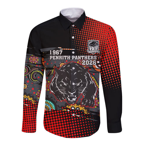 Personalised Panthers 60th Anniversary Long Sleeve Button Shirt Aboriginal Indigenous Dot Art - Halftone Pattern 1967-2026