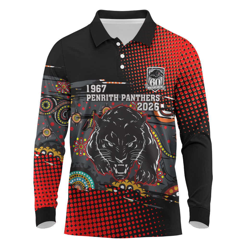 Personalised Panthers 60th Anniversary Long Sleeve Polo Shirt Aboriginal Indigenous Dot Art - Halftone Pattern 1967-2026