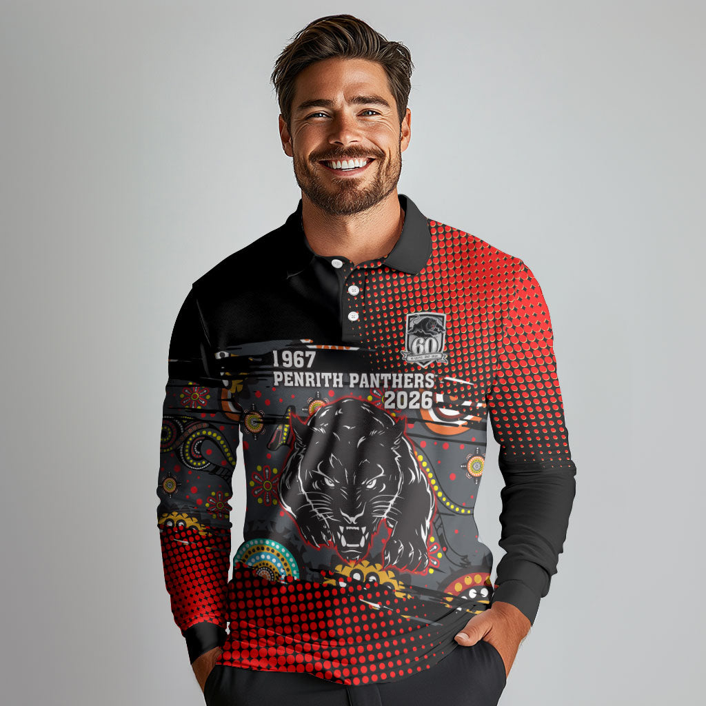 Personalised Panthers 60th Anniversary Long Sleeve Polo Shirt Aboriginal Indigenous Dot Art - Halftone Pattern 1967-2026