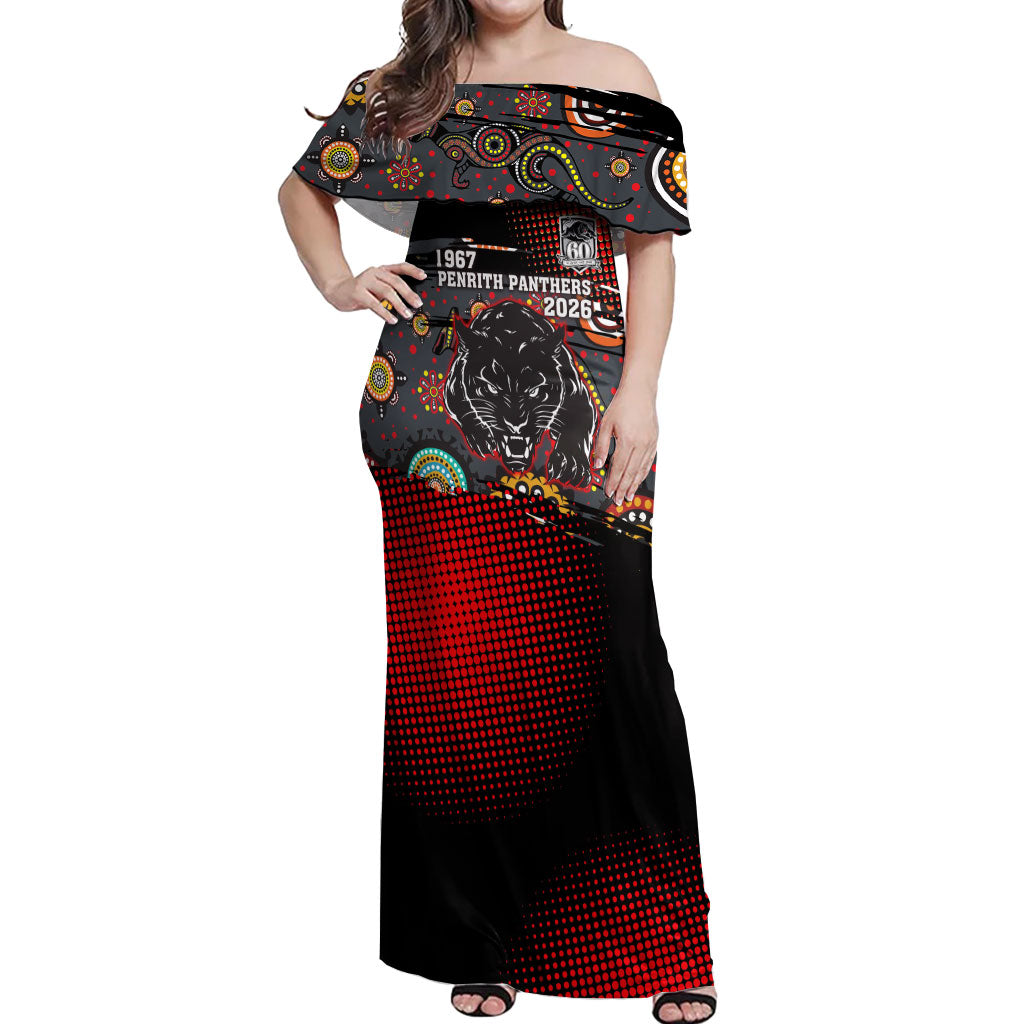 Personalised Panthers 60th Anniversary Off Shoulder Maxi Dress Aboriginal Indigenous Dot Art - Halftone Pattern 1967-2026