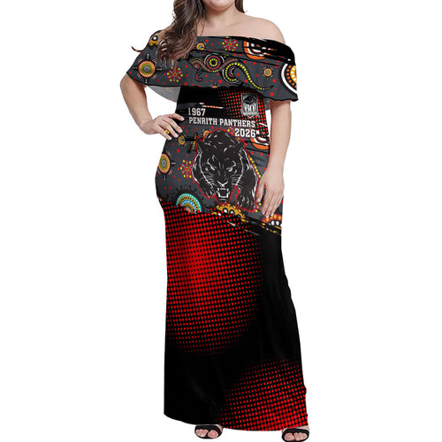Personalised Panthers 60th Anniversary Off Shoulder Maxi Dress Aboriginal Indigenous Dot Art - Halftone Pattern 1967-2026