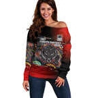 Personalised Panthers 60th Anniversary Off Shoulder Sweater Aboriginal Indigenous Dot Art - Halftone Pattern 1967-2026