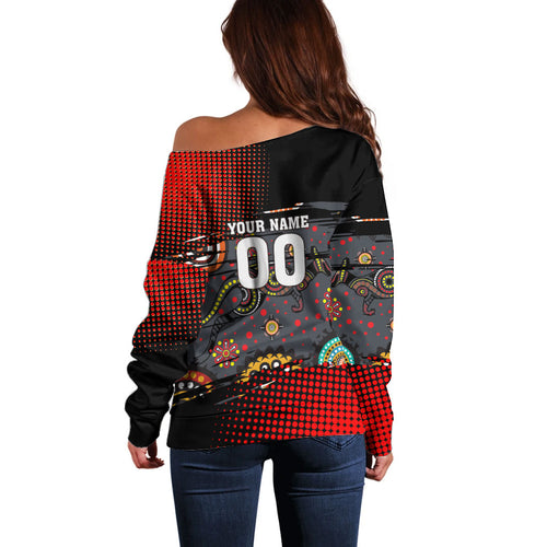 Personalised Panthers 60th Anniversary Off Shoulder Sweater Aboriginal Indigenous Dot Art - Halftone Pattern 1967-2026