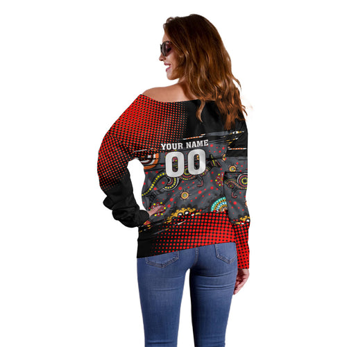 Personalised Panthers 60th Anniversary Off Shoulder Sweater Aboriginal Indigenous Dot Art - Halftone Pattern 1967-2026