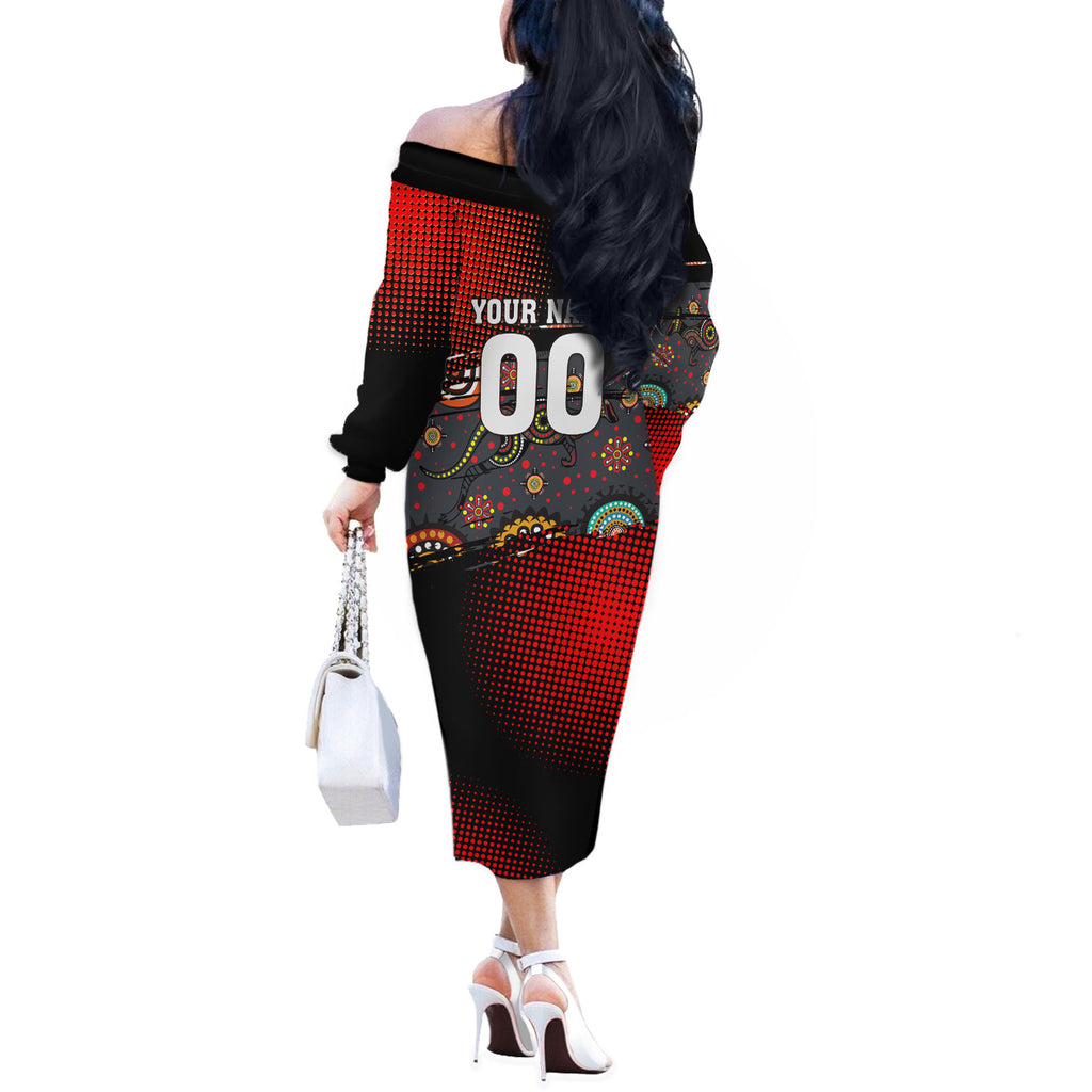 Personalised Panthers 60th Anniversary Off The Shoulder Long Sleeve Dress Aboriginal Indigenous Dot Art - Halftone Pattern 1967-2026