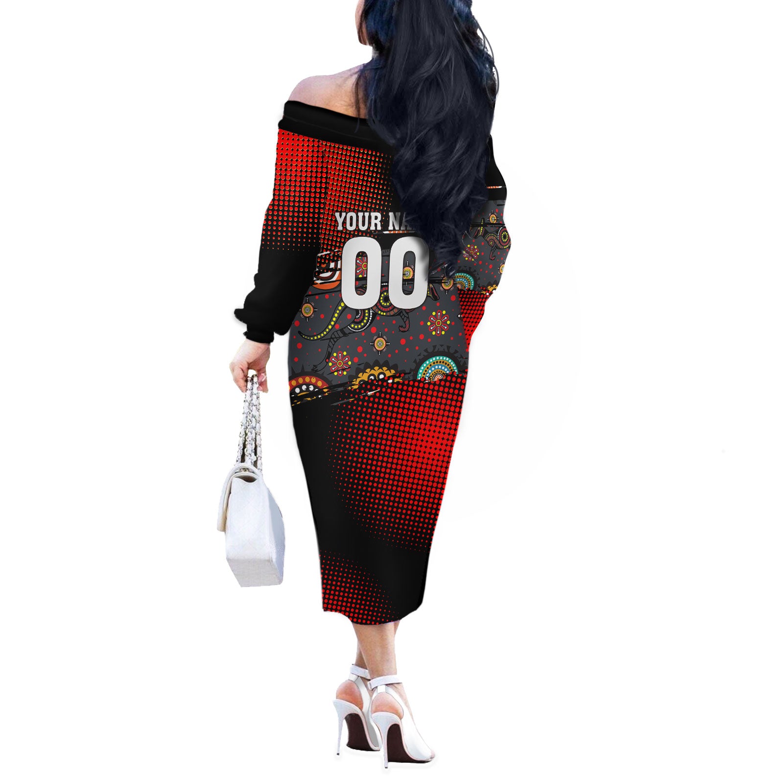 Personalised Panthers 60th Anniversary Off The Shoulder Long Sleeve Dress Aboriginal Indigenous Dot Art - Halftone Pattern 1967-2026