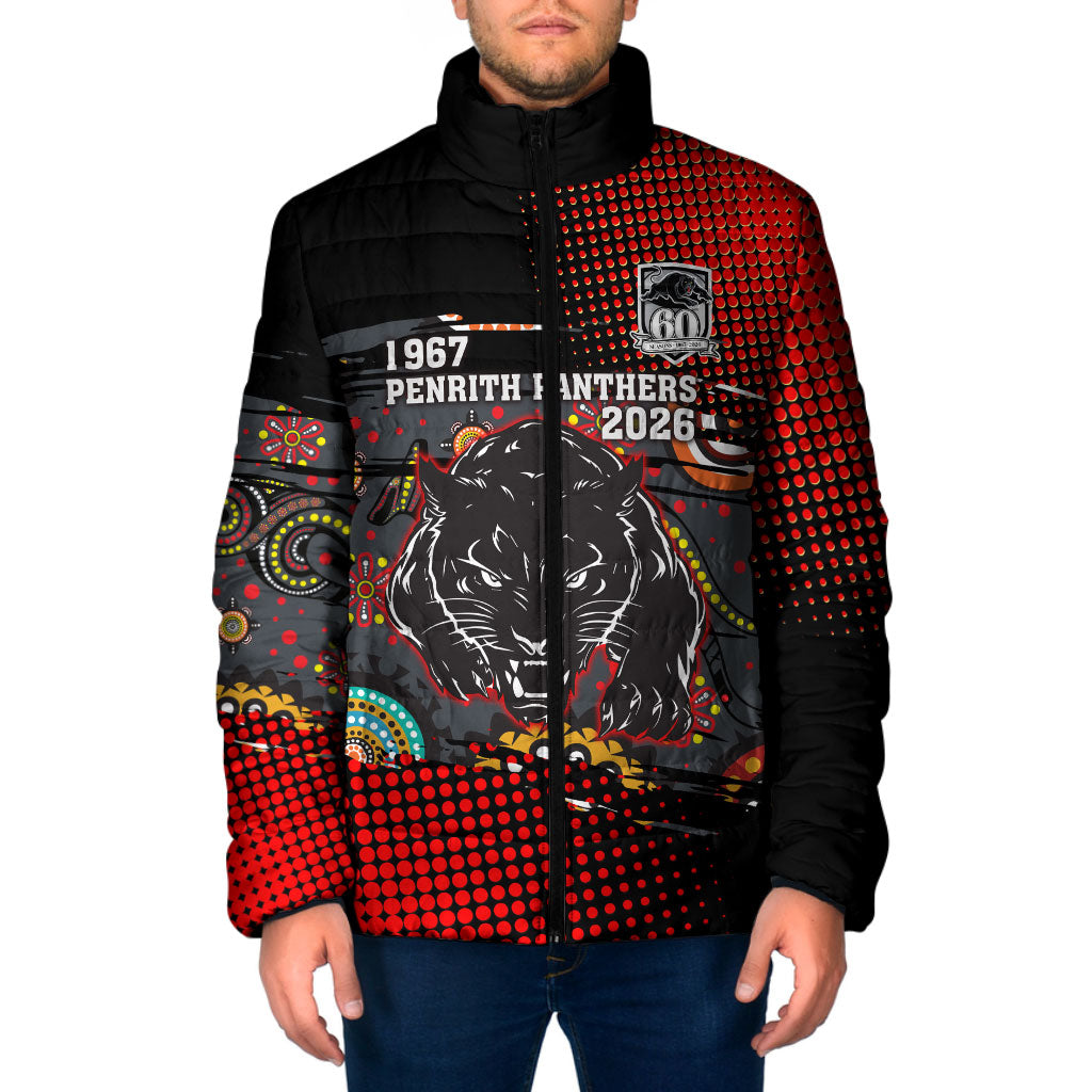 Personalised Panthers 60th Anniversary Padded Jacket Aboriginal Indigenous Dot Art - Halftone Pattern 1967-2026