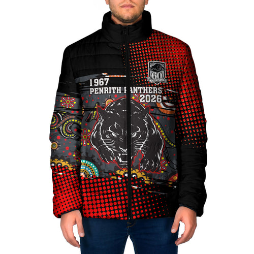 Personalised Panthers 60th Anniversary Padded Jacket Aboriginal Indigenous Dot Art - Halftone Pattern 1967-2026
