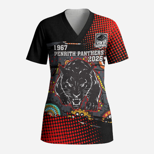 Personalised Panthers 60th Anniversary Scrub Top Aboriginal Indigenous Dot Art - Halftone Pattern 1967-2026