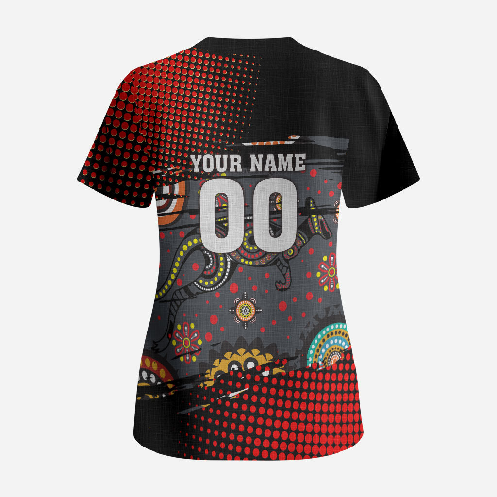 Personalised Panthers 60th Anniversary Scrub Top Aboriginal Indigenous Dot Art - Halftone Pattern 1967-2026