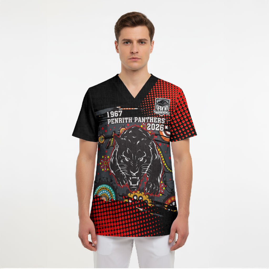 Personalised Panthers 60th Anniversary Scrub Top Aboriginal Indigenous Dot Art - Halftone Pattern 1967-2026