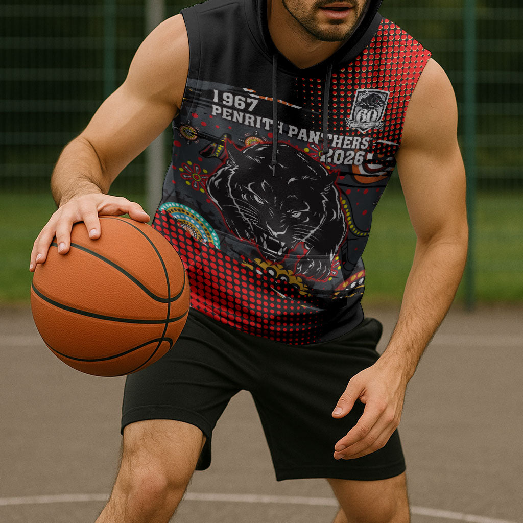 Personalised Panthers 60th Anniversary Sleeveless Hoodie Aboriginal Indigenous Dot Art - Halftone Pattern 1967-2026