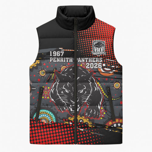 Personalised Panthers 60th Anniversary Sleeveless Puffer Jacket Aboriginal Indigenous Dot Art - Halftone Pattern 1967-2026