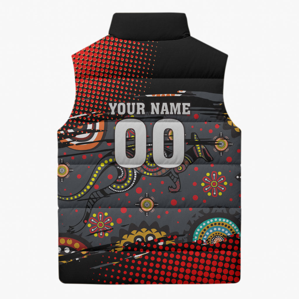 Personalised Panthers 60th Anniversary Sleeveless Puffer Jacket Aboriginal Indigenous Dot Art - Halftone Pattern 1967-2026