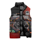 Personalised Panthers 60th Anniversary Sleeveless Puffer Jacket Aboriginal Indigenous Dot Art - Halftone Pattern 1967-2026