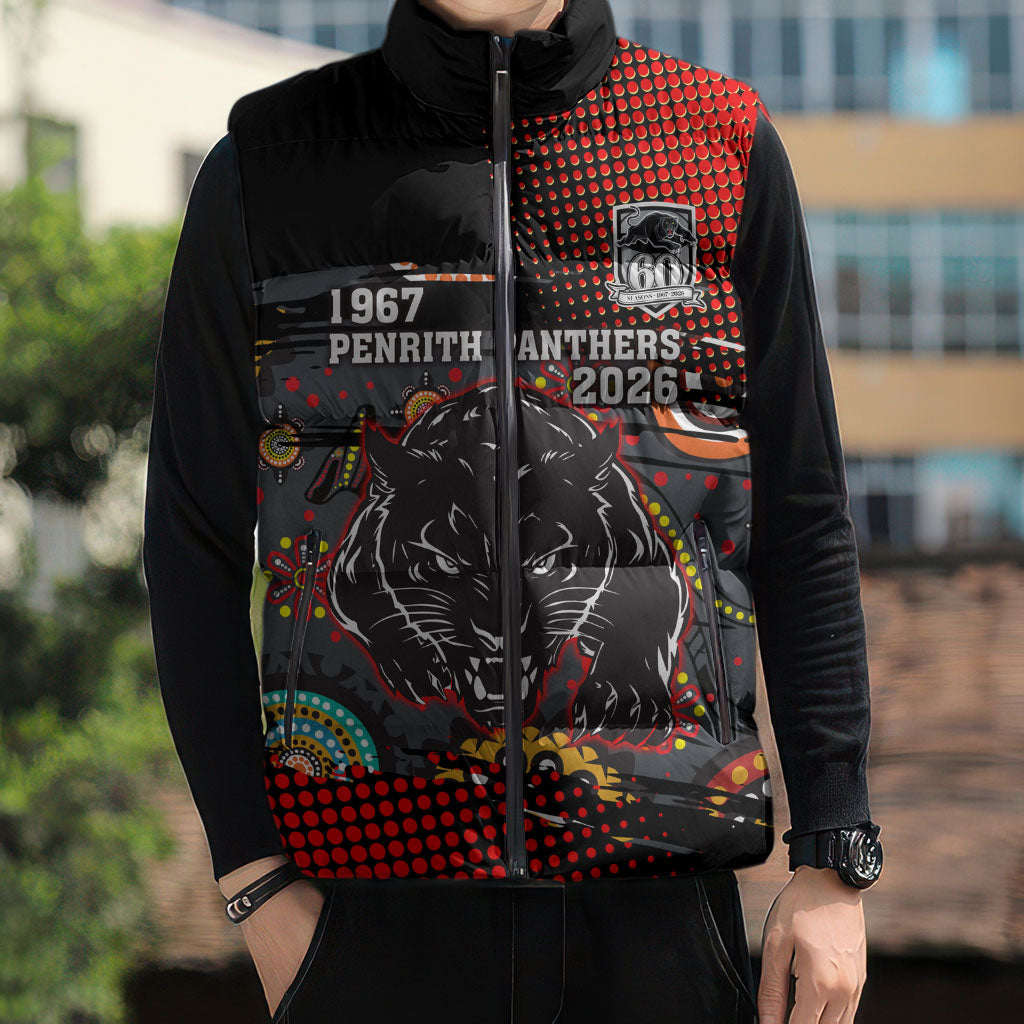 Personalised Panthers 60th Anniversary Sleeveless Puffer Jacket Aboriginal Indigenous Dot Art - Halftone Pattern 1967-2026
