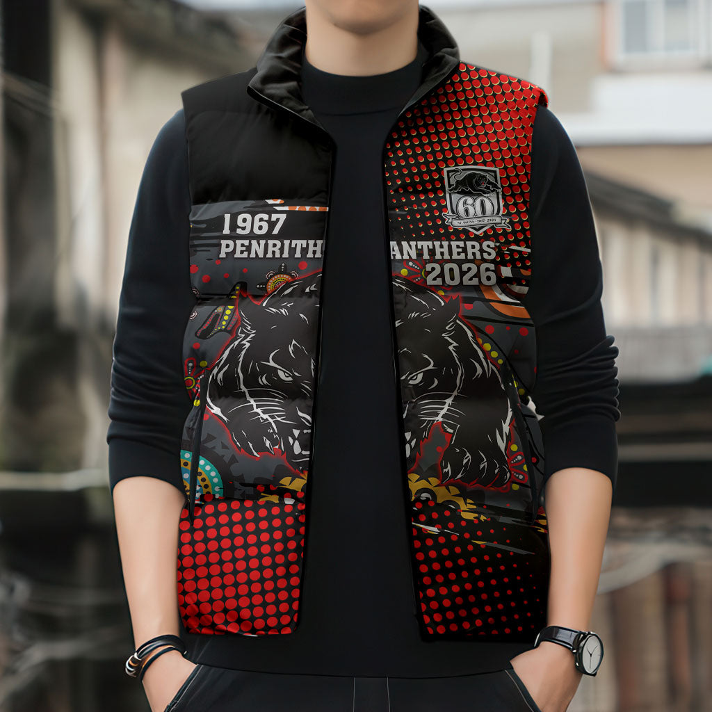 Personalised Panthers 60th Anniversary Sleeveless Puffer Jacket Aboriginal Indigenous Dot Art - Halftone Pattern 1967-2026