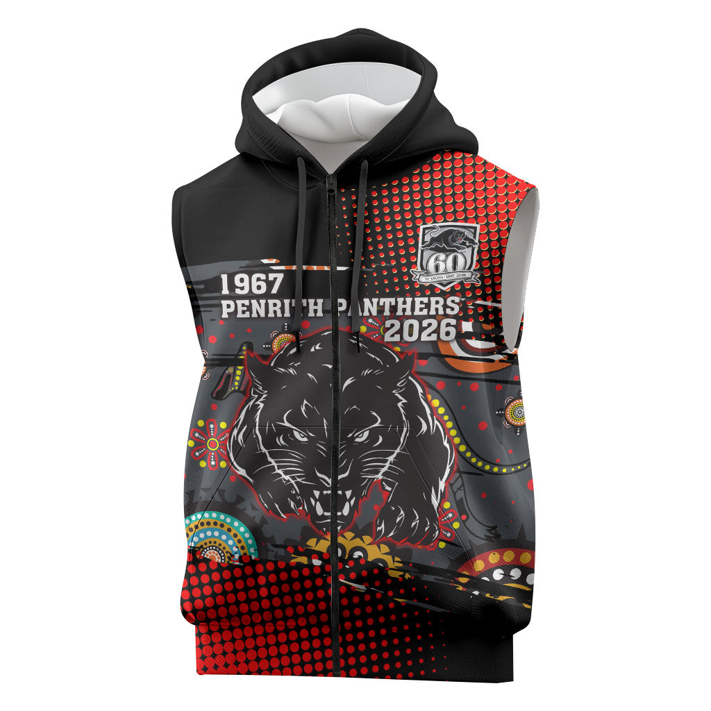 Personalised Panthers 60th Anniversary Sleeveless Zip Hoodie Aboriginal Indigenous Dot Art - Halftone Pattern 1967-2026